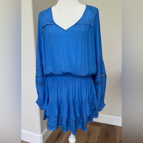 Ramy Brook Sabina Dress Blue Silk Tiered Mini Lace Detail Size M NWT - Picture 2 of 10